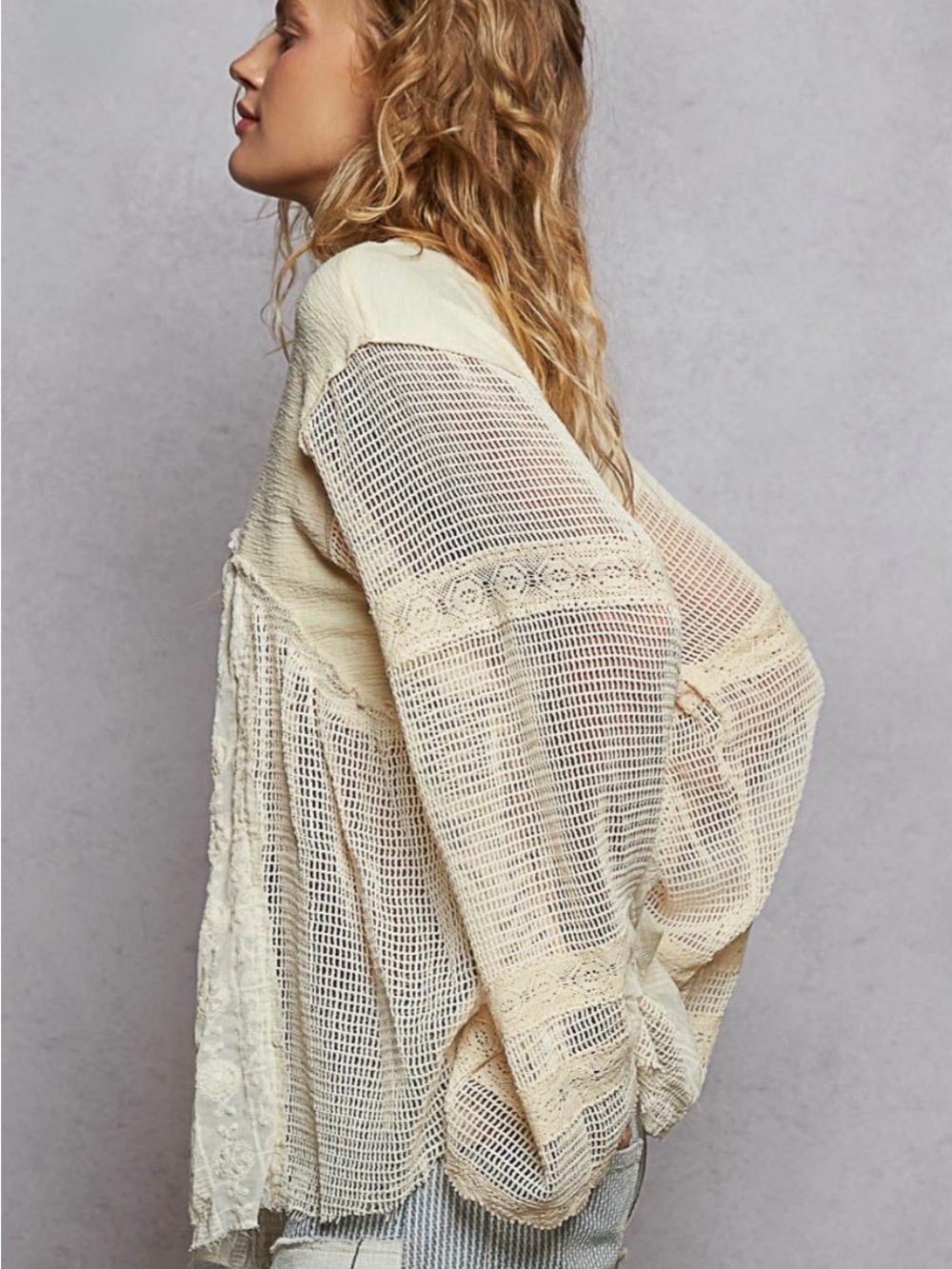 POL Lace Me Later Mesh Bell Sleeve Blouse Cream - Picture 4 of 4